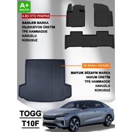 SAHLER TOGG T10F SEDAN 2025+ 4.5D Premium Havuzlu Oto Paspas ve Myk 3D Premium Yumuşak Bagaj Havuzu Seti